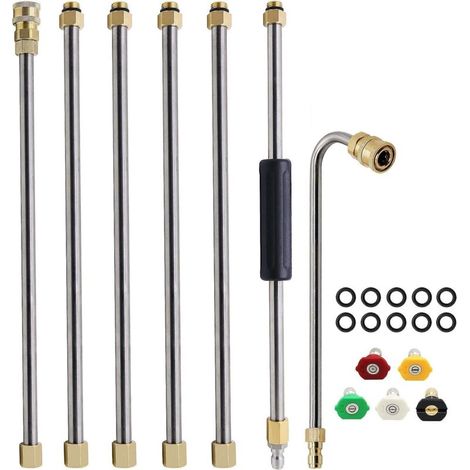 Lot de 7 Ensemble de baguette d'extension pour nettoyeur haute pression, lance pour nettoyeur haute pression, outil de nettoyage de gouttière, avec 5 embouts de buse,10 anneaux anti-fuite (Argent)