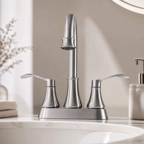 Robinet lavabo double poignée 4 pouces, mitigeur salle de bain en acier inoxydable et alliage de zinc, finition argent brossé (1/5)