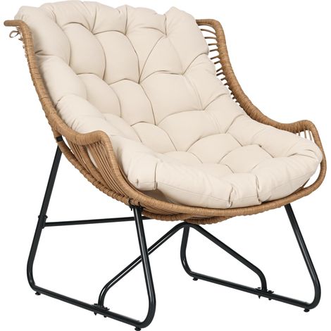 Fauteuil de jardin style rotin, avec coussin, structure en métal, 75 x 101 x 90 cm, naturel/kaki/noir