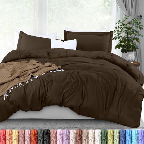 Parure de lit 3 pièces en Microfibre brossée Ultra Douce avec Fermeture éclair - 1 Housse de Couette avec Fermeture éclair - 264 x 228 cm (très Grand lit, Marron) (1/5)