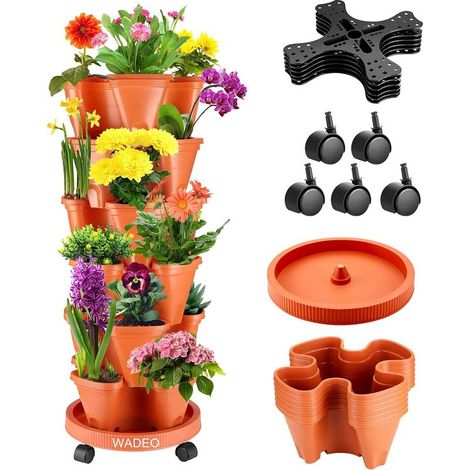 Lot de 6 Pots de Fleurs Empilable, Jardinière en Tour,Pot de Fleurs Design, Couleur Terre Cuite,avec roulettes pour Herbes et Jardin (1/5)