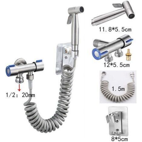 NALOOKAMIC Ensemble pistolet pulvérisateur pour toilettes (pistolet pulvérisateur + tuyau 1,5 m + base sans poinçon + vanne d'angle à double commande) argent