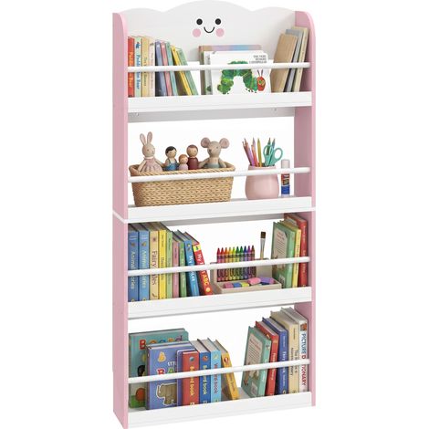 Bibliothèque murale pour enfants - AIYAPLAY - 4 niveaux de rangement - thème barbe à papa - bois - 60x12x108cm - rose (1/5)