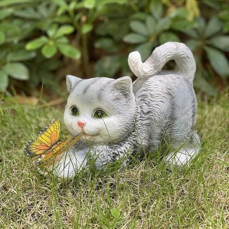 Figurine de Chat Décoration de Jardin avec Lampes Solaires et Papillons - Adorables Ornements en Résine pour Extérieur et Intérieur (1/5)