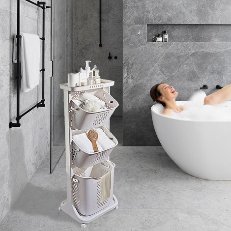 Panier à linge sur roulettes,Chariot de rangement, panier à étagères, chariot de rangement pour vêtements, Corbeille À linge avec 3 Paniers Amovibles, pour salle de bain chambre à coucher (1/5)