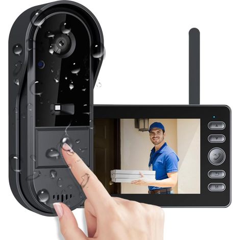 Sonnette sans Fil Extérieur Étanche avec Caméra, Visiophone sans Fil Écran 4.3 Pouces, Interphone Vidéo 1080P sans WiFi ni Application, 170° Grand Angle, Audio Bidirectionnel, Vision Nocturne (1/5)