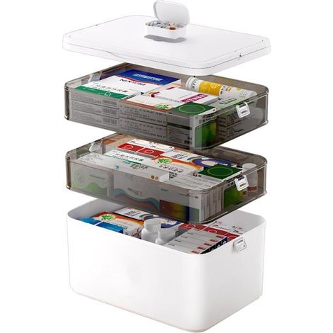 Boîte à pharmacie à 3 niveaux avec poignée Rangement pour médicaments d'urgence familiaux 31 x 25 x 16 cm, portable (1/5)