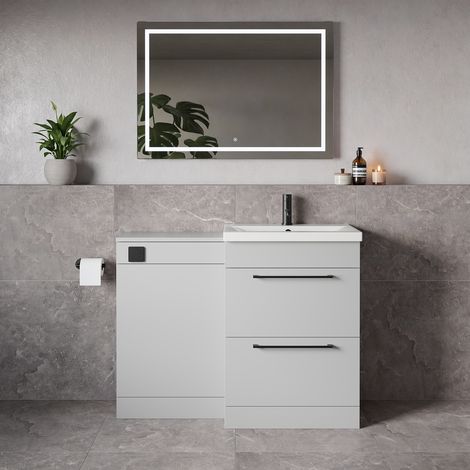 Napoli 390 Gloss Grey Pearl 1100mm 2 Drawer Vanity Unit Toilet Suite with Glide Basin - 1100mm - Matt Black 320mm HandleWithout Kingston Toilet Pan