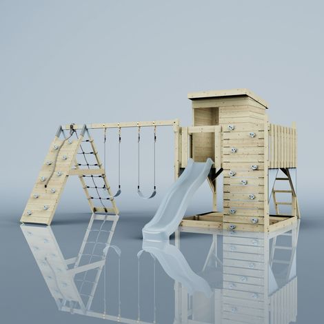Polarplay – Tour de jeux Frida bleu 414 x 468 cm – Balançoire double – Toboggan 220 cm – Mur d'escalade – Poids max 50 kg