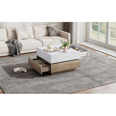 Table basse 60 x 60 cm fonctionnelle avec plateau pivotant 360°, 2 niveaux et rangement, cadre noyer, blanche (1/5)