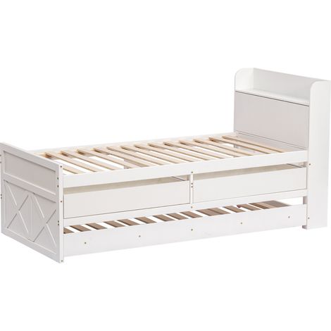 Letto singolo in legno 90x190 bianco con cassetto, letto estraibile e testiera USB HOMVRA (1/5)