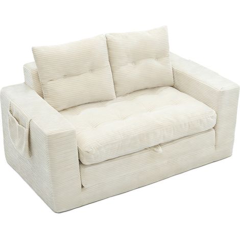 Sofá cama 2 plazas de pana, con bolsillos laterales y reposabrazos anchos, beige (1/5)