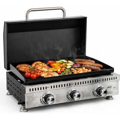 Barbecue Plancha a Gas Con Coperchio Portatile a 3 Bruciatori da 9 KW in Acciaio Inox, Griglia BBQ a Gas Propano da Tavolo con Vaschetta Raccogli Grasso, Regolatore, per Giardino Balcone Campeggio Pic