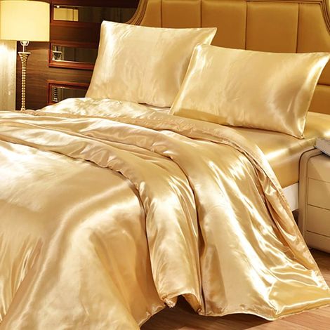 Housse de Couette Satin 200x200 Dorée avec 2 Taies d'oreiller 65x65 cm Parure de Lit Adulte 2 Personnes Linge de Lit Satin de Soie Brillante avec Fermeture Éclair (1/5)