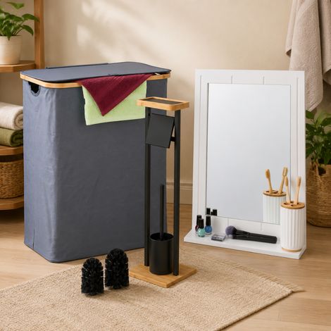 Set per il rinnovamento del bagno in stile Whitewash (3 pezzi) – Mensola a specchio con cornice bianca, set da bagno in bambù e cesto portabiancheria da 105 litri (1/5)