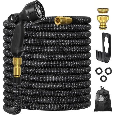 Pair Tuyau d'arrosage 15m, ULTTY Tuyau d’arrosage Extensible avec 1/2\" et 3/4\" (19mm et 13mm) Adaptateurs, 10 Modes d'Arrosage, Latex Triple Épaisseur Durable avec Raccords en Laiton et Sac, Noir (1/5)