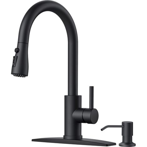 Schwarze Küchenarmatur mit Seifenspender und ausziehbarer Brause, klassische 3-Modus-Edelstahlarmatur mit hohem Auslauf und Einhebelmischer, geeignet für Küchenspülen, Bauernhöfe, Wohnmobile, Waschküc