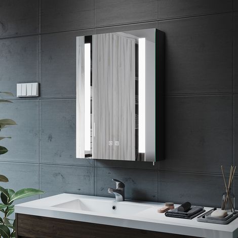 500x700x130mm Illuminated LED Bathroom Mirror Cabinet with Shaver Socket, Black Cabinet Cupboard with Adjustable Glass Shelves Demister Pad Sensor, NMC08