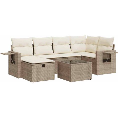 Set sofás de jardín 7 piezas y cojines ratán sintético beige (1/5)