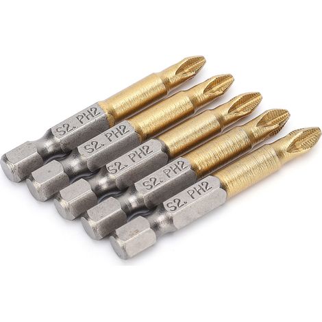 Jeu de 5 embouts de tournevis cruciformes PH2 antidérapants, tige hexagonale 1/4 pouce, 50 mm