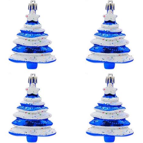 Lot de 4 boules de Noël bleues en forme de sapin, 8 x 6 cm (1/5)