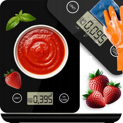 Bilancia da cucina digitale elettronica 5 kg LCD nera in vetro di precisione