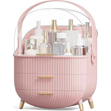 Rosa Organizer mit transparentem Deckel und Schubladen für Hautpflegeprodukte, staubdicht, für Badezimmer oder Schminktisch.