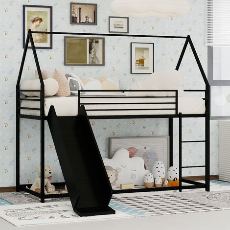Questo letto a castello misura 90190 centimetri. Il letto per bambini è dotato di uno scivolo. Questo telaio del letto a forma di casa con scale non include un materasso a molle ed è facile da assembl (1/5)