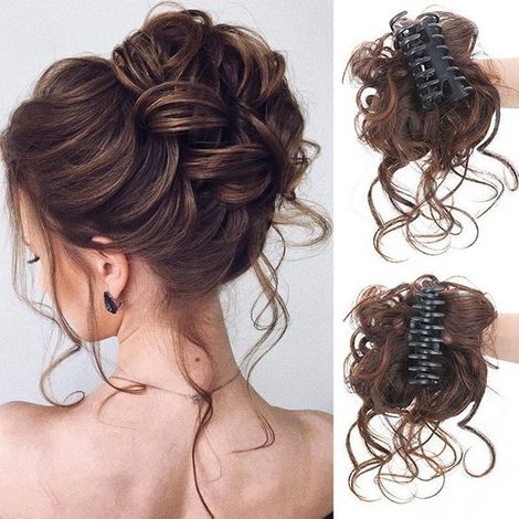 Ein Haargummi, dunkelbraun, Haarspangen-Stil, flauschige Locken, Kunstfaser, Duttclip, lockige Duttperücke, geeignet für Frauen und Mädchen. (1/5)