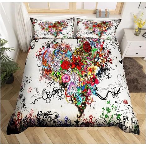 Floral Sweetheart Parure de Lit 220x240cm Fleur Hippie Graffiti Ensembles de Housse de Couette pour Enfants Hip Hop Décor - VU3 (1/4)