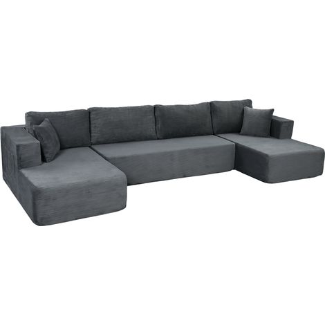Canapé modulaire - HOMCOM - 4 places, 2 méridiennes, canapé 2 places, 6 coussins - velours côtelé - 369 x 152 x 78 cm - gris (1/5)