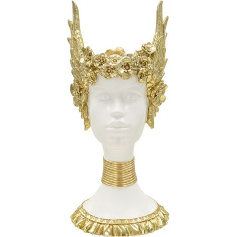 Scultura Athena busto femminile con corona alata in resina bianca e oro