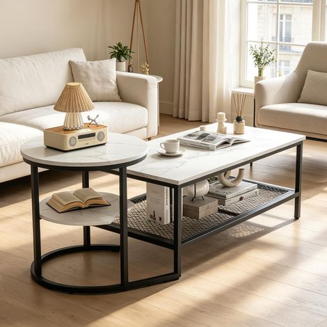 Tavolino – Set di tavolini – Stile nordico/industriale – Marmo bianco – Struttura nera – Combinazione rotonda + rettangolare
Tavolino (1/5)