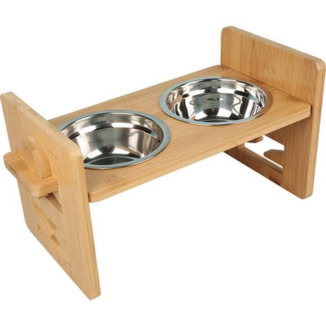Gamelle Surélevée - Support Bambou avec 2 Bols Acier Inoxydable - Hauteur 13,5 cm - pour Chiens et Chats - Lot de 1