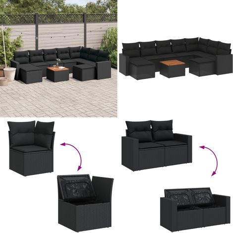 Salon de jardin 10 pcs avec coussins noir résine tressée - Salon De Jardin - Mobilier Extérieur - Set Salon - Résine Tressée - Rotin Synthétique - Home & Living (1/5)