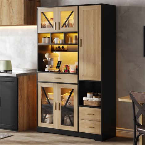 Buffet de Cuisine Style Grange - 105x40x185 cm - Armoire Haute avec LED App, Prises Intégrées et Vitrine - Naturel & Noir (1/5)