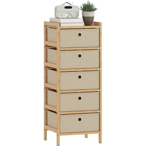 HOMCOM cómoda con 5 cajones de tela, cómoda para dormitorio de bambú, cajonera para espacios pequeños, salón, oficina, vestidor, crema y natural