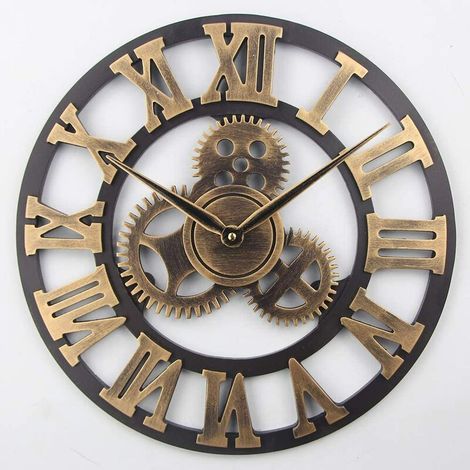 Grande horloge murale rétro 3D, horloge murale silencieuse en bois sans tic-tac, horloges à quartz vintage rustiques pour la décoration de la maison, du salon (chiffres romains en bronze, 18 pouces) (1/3)