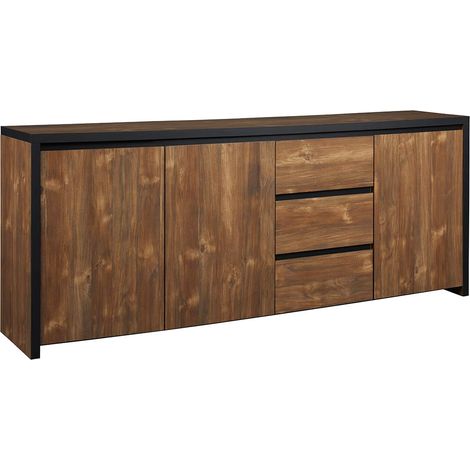 STALONE - Buffet 3 Portes 3 Tiroirs Effet Bois Manguier Foncé et Noir (1/5)