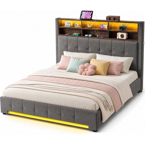 Lit coffre 180x200 cm en velours gris foncé avec tête de lit multifonction, USB-C, LED et grand rangement sous sommier pour chambre moderne  CHICFURN (1/5)