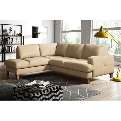 Canapé d'angle convertible en cuir italien de luxe 4/5 places avec coffre, FARELI, beige, angle gauche (1/5)