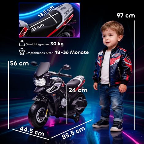 Moto enfant électrique à conduire, 18-36 mois, roues auxiliaires, lumières et musique, plastique et acier, noir (1/5)