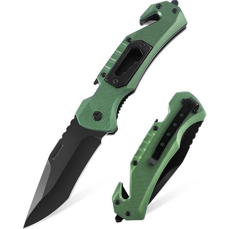 Couteau pliant avec brise-vitre et coupe-ceinture, couteau EDC 5-en-1 Vert