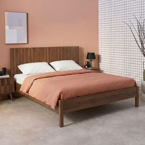 sweeek - Lit avec sommier à lattes et tête de lit 160x200cm décor bois noyer - Linear (1/5)