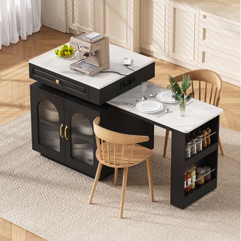 Ausziehbarer Küchentisch 128-200 x 71 x 92 cm, LED, USB/Type-C, Schwarz HAVRYA (1/5)