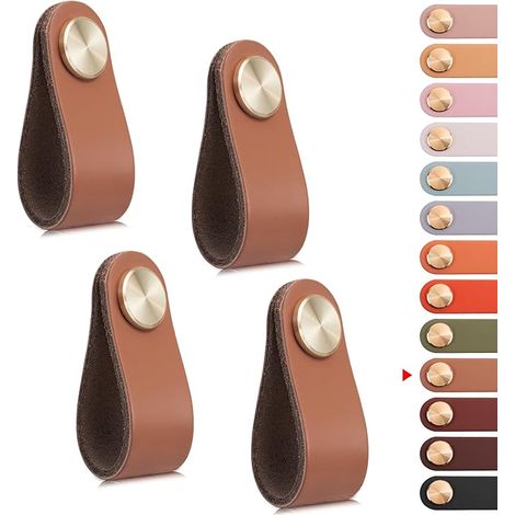 Ahlsen Lot de 4 poignées de meubles en cuir, poignées de porte d'armoire, poignées de tiroir, poignées de meubles vintage pour armoires, commodes, cuisines, salles de bains (marron caramel) (1/5)