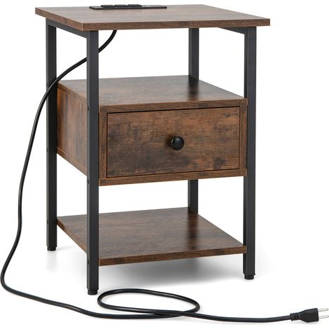 Set di 2 comodino a 3 piani con stazione di ricarica ripiani aperti e cassetto Tavolino da letto in legno Marrone (1/4)