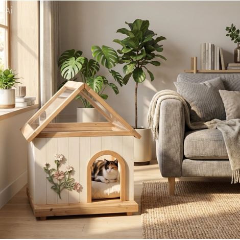 Casa per gatti 68x55x80 cm in legno bianco con tetto in acrilico – MEUBLIV (1/5)