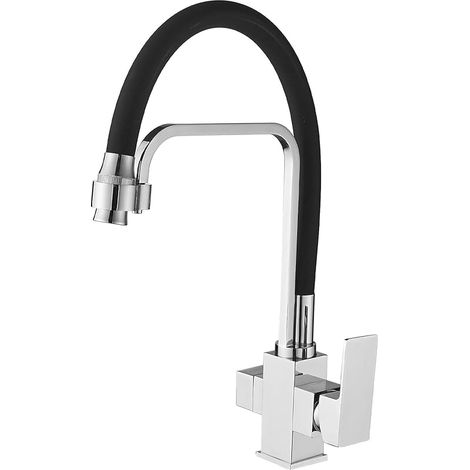 Robinet de cuisine 3 voies à ressort hélicoïdal rotatif à 360° avec douchette extensible, mitigeur 3 en 1 pour filtre à eau (3 voies (02), carré) (1/5)