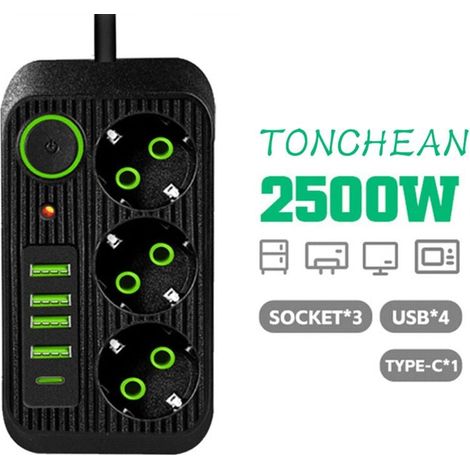 Multiprise Murale 3 Prises et 4 USB avec 1 USB C, Electrique 8 en 1, Multiprise Secteur pour la Maison Le Bureau Noir (1/4)